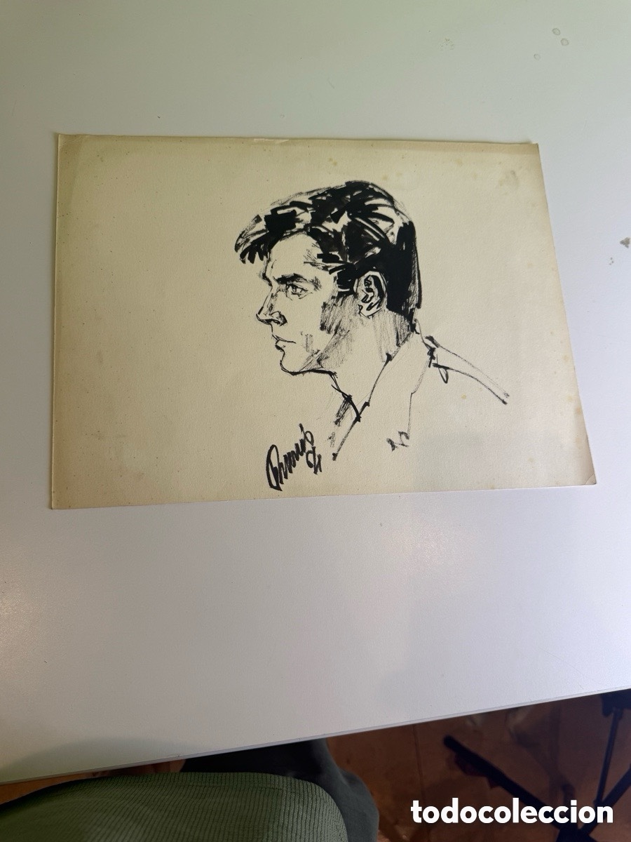 Arte: Carles Prun&eacute;s - Dibujo original de perfil, retrato masculino, a&ntilde;os 50