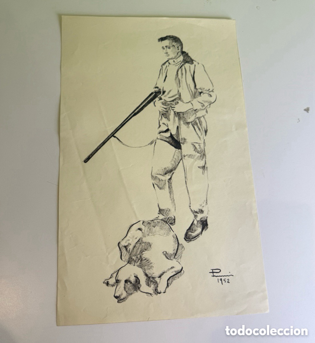 Arte: Carles Prun&eacute;s (1937-2017) - Dibujo original cazador con perro. Firmado у fechado 1952.