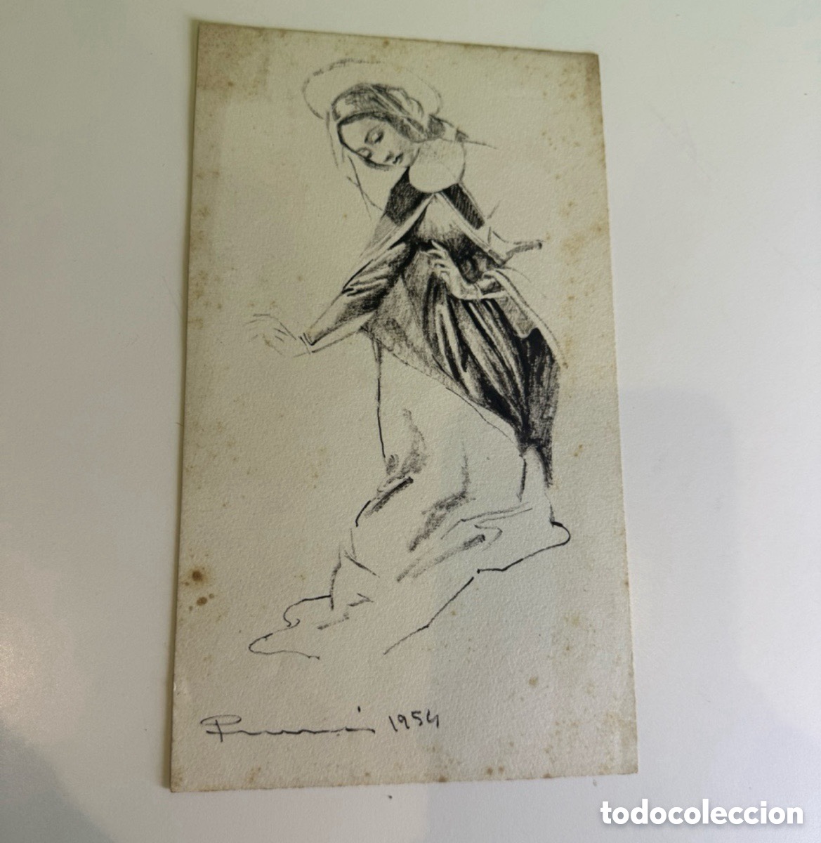Arte: Carles Prun&eacute;s (1937-2017) - Dibujo original Virgen. Firmado y fechado 1954.