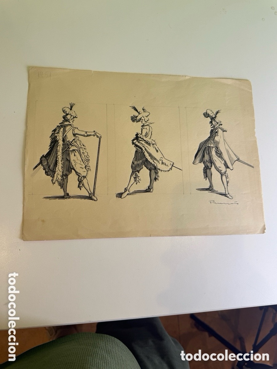 Art: Carles Prun&eacute;s 1937 2017 Barcelona - Dibujo original de tres mosqueteros firmado
