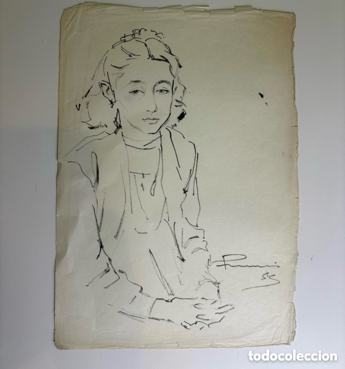 Art: Carles Prun&eacute;s (1937-2017) Dibujo original firmado 1955 Retrato juvenil