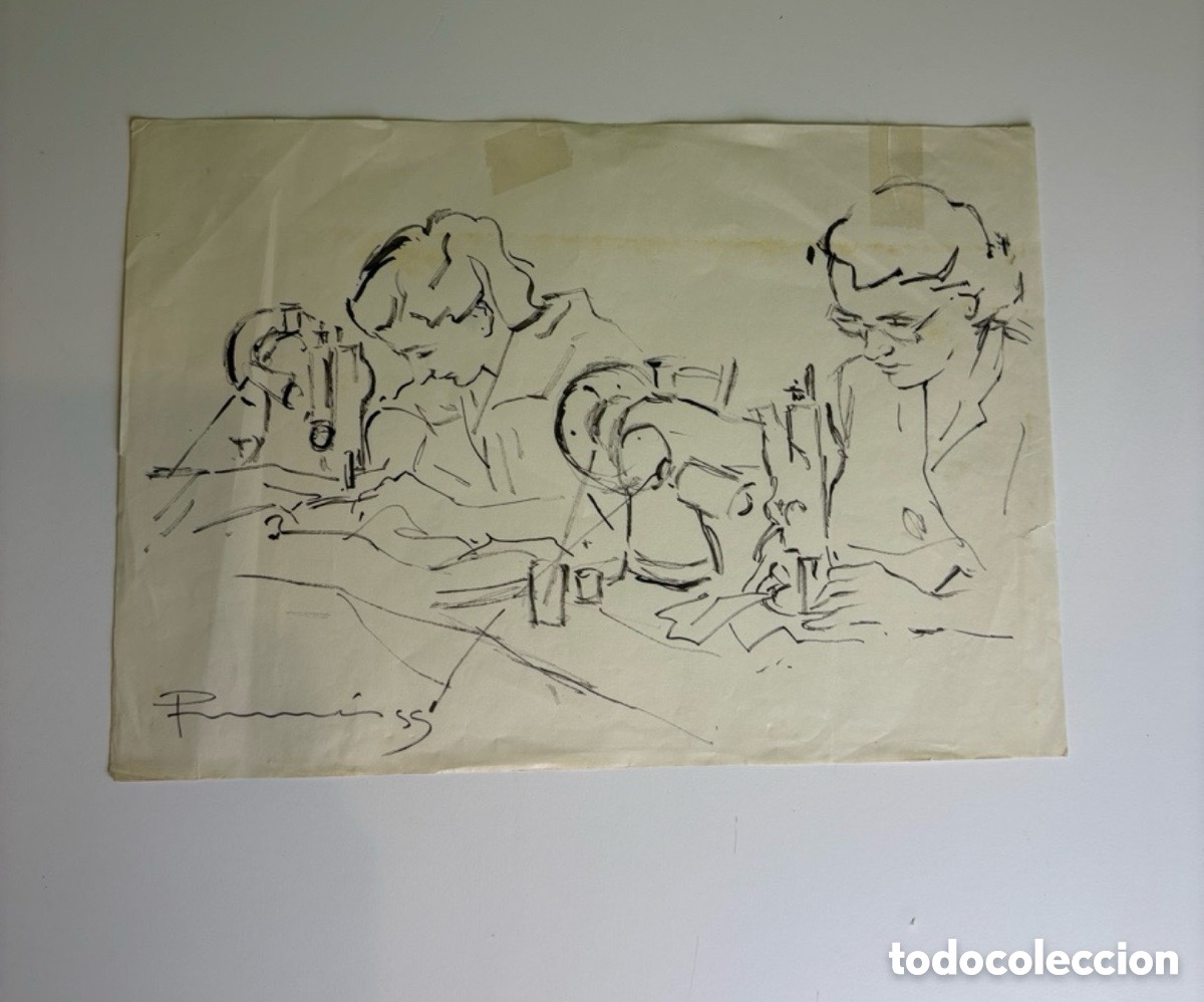 Art: Carles Prun&eacute;s (1937-2017) Dibujo original firmado 1955 Costureras