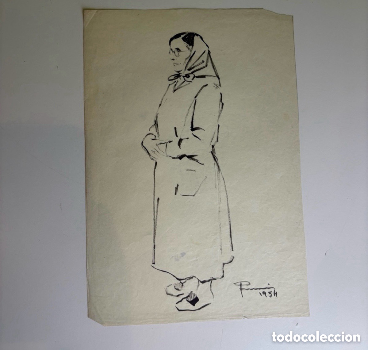 Art: Carles Prun&eacute;s (1937-2017) Dibujo original firmado 1954 Mujer con pa&ntilde;uelo