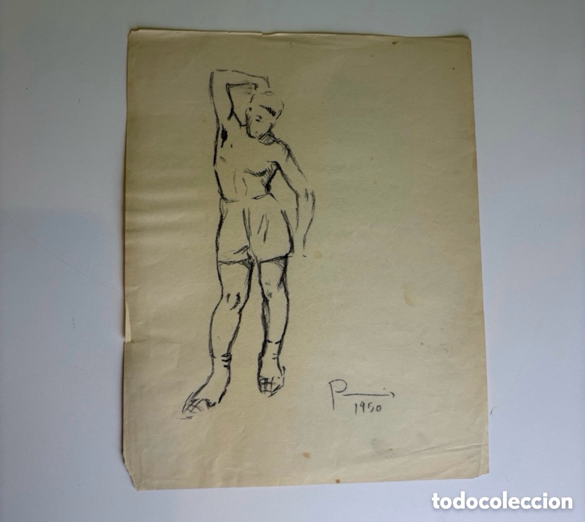 Art: Carles Prun&eacute;s (1937-2017) Dibujo original firmado 1950 Estudio de desnudo masculino