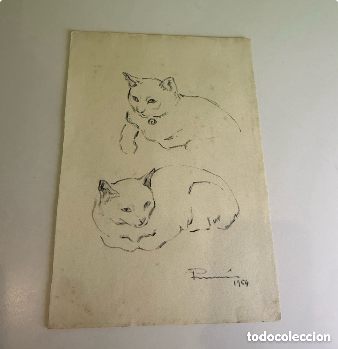 Art: Carles Prun&eacute;s (1937-2017) Barcelona - Dibujo original de dos gatos - Firmado у fechado 1954