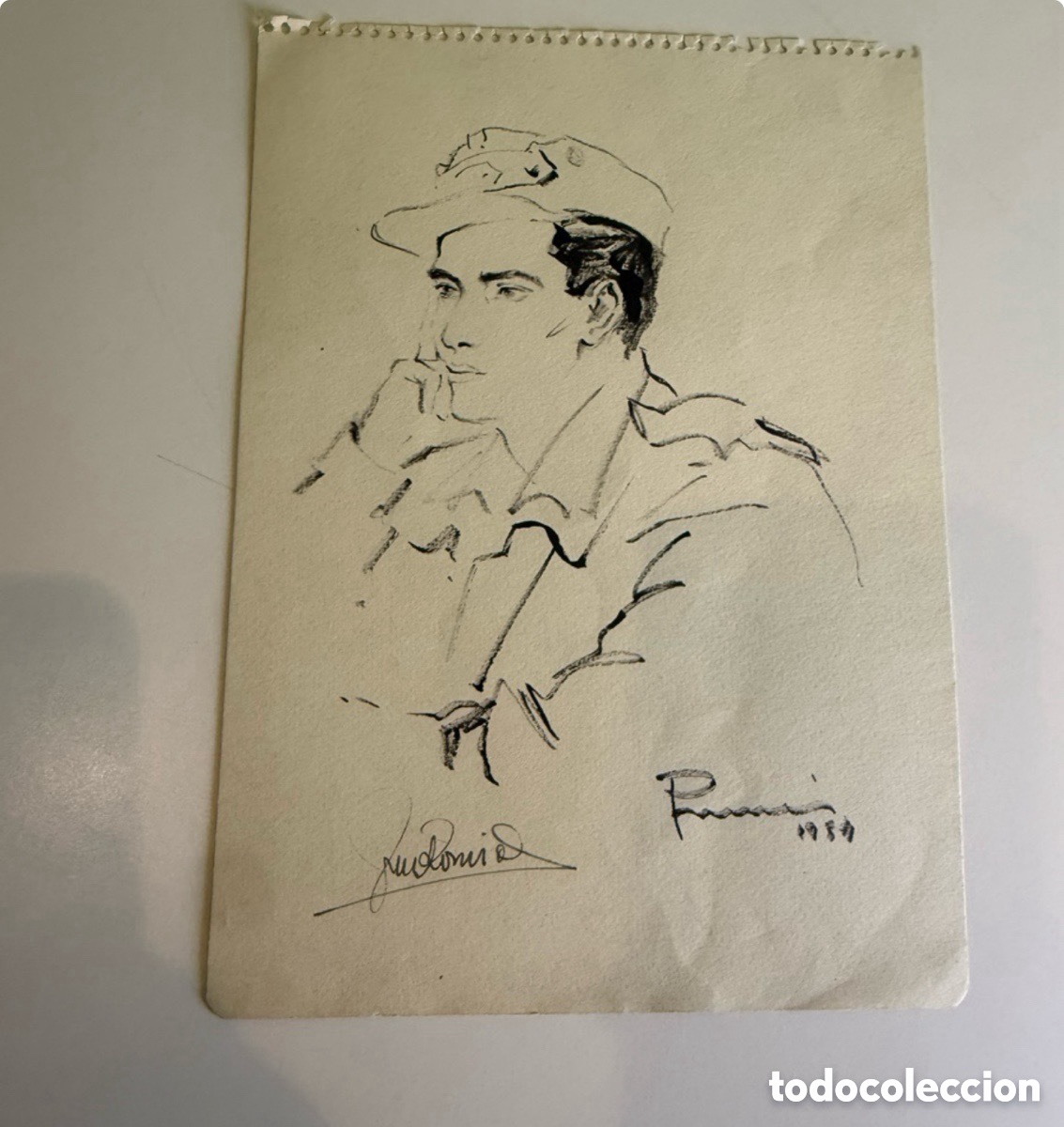 Art: Carles Prun&eacute;s 1954 - autorretrato militar original firmado y dedicado