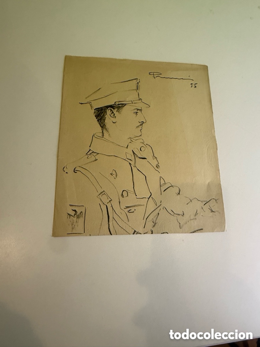 Art: Carles Prun&eacute;s (Barcelona, 1937-2017) Dibujo original firmado 1955 Autorretrato con uniforme militar