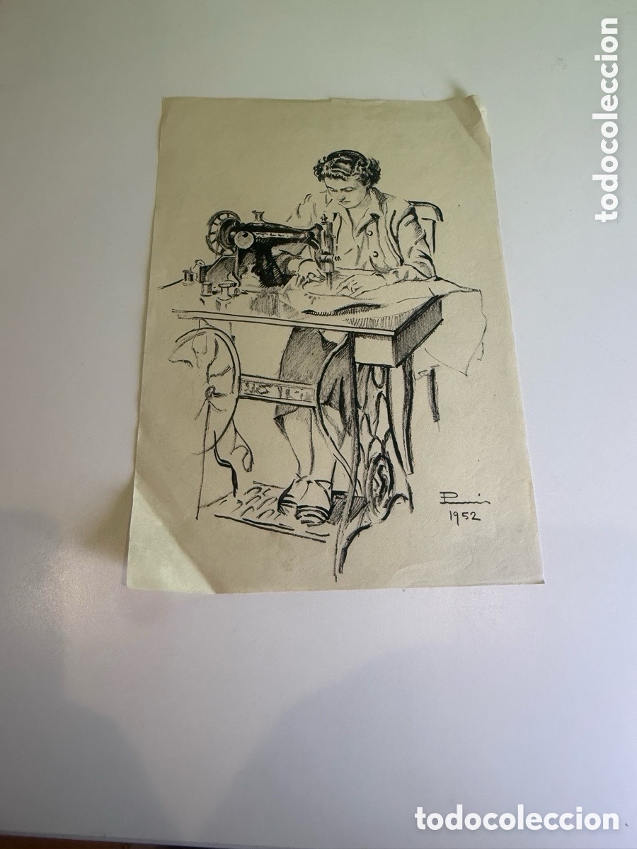 Art: Carles Prun&eacute;s (Barcelona, 1937-2017) Dibujo original firmado 1952 Costurera con m&aacute;quina de coser