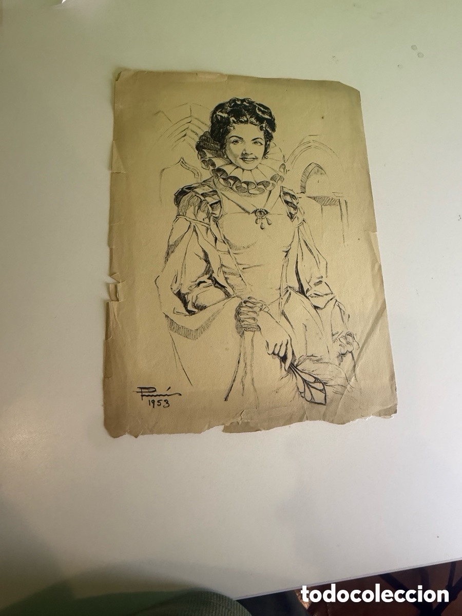 Arte: Carles Prun&eacute;s (Barcelona, 1937-2017) Dibujo original firmado 1953 Dama con vestido renacentista
