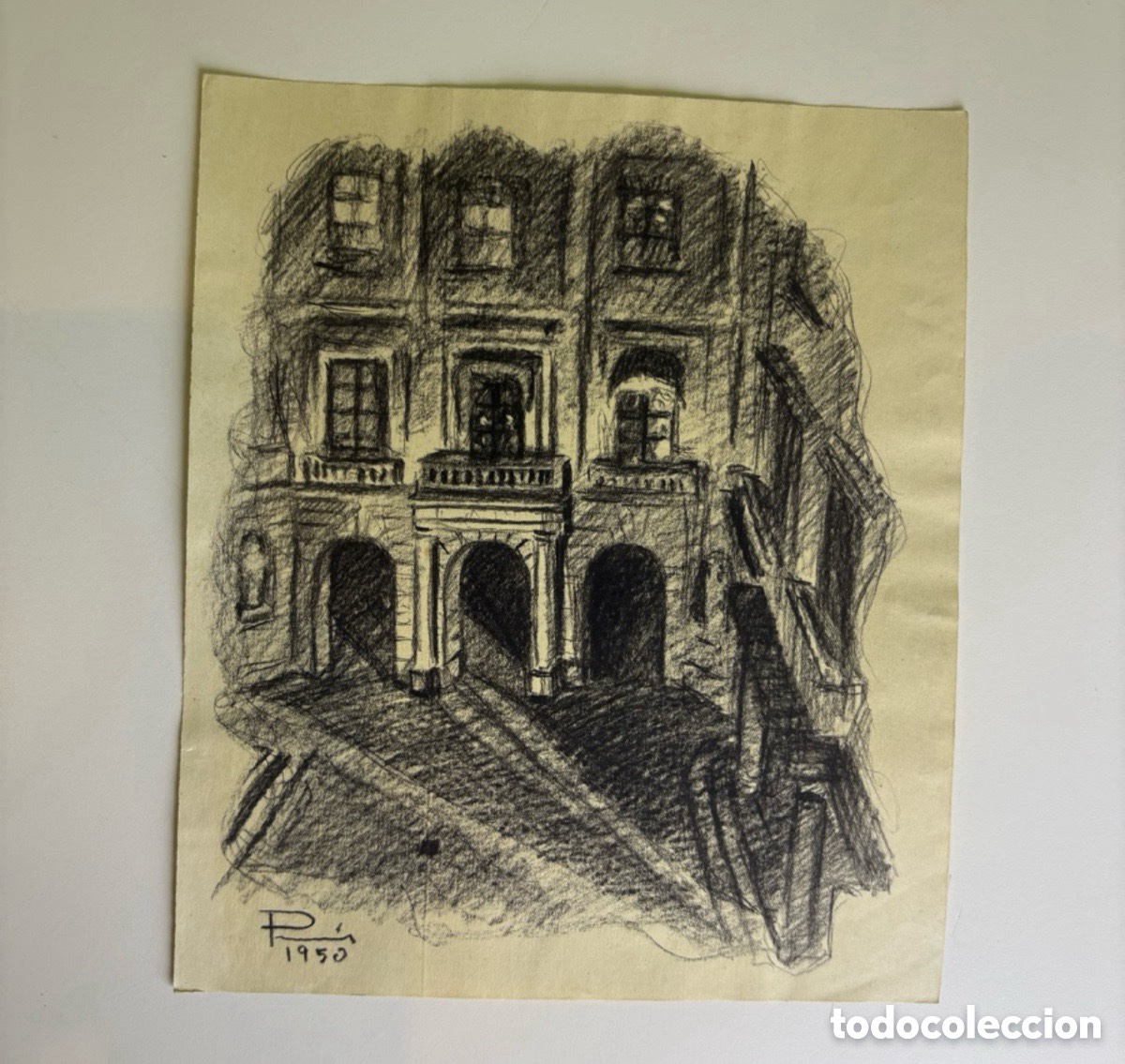 Art: Carles Prun&eacute;s (1937-2017) dibujo original de arquitectura fachada de edificio firmado y fechado 1950