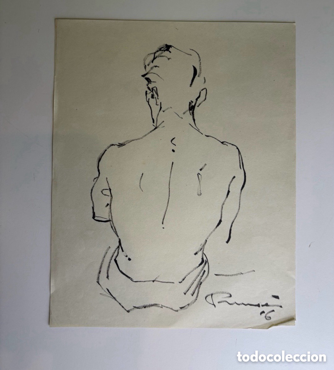 Art: Carles Prun&eacute;s (1937-2017) - dibujo original de desnudo masculino de espaldas firmado y fechado 1956
