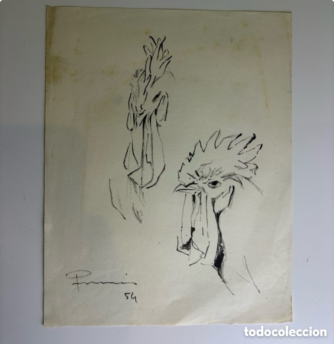 Art: Carles Prun&eacute;s (1937-2017) - dibujo original de gallos firmado y fechado 1954