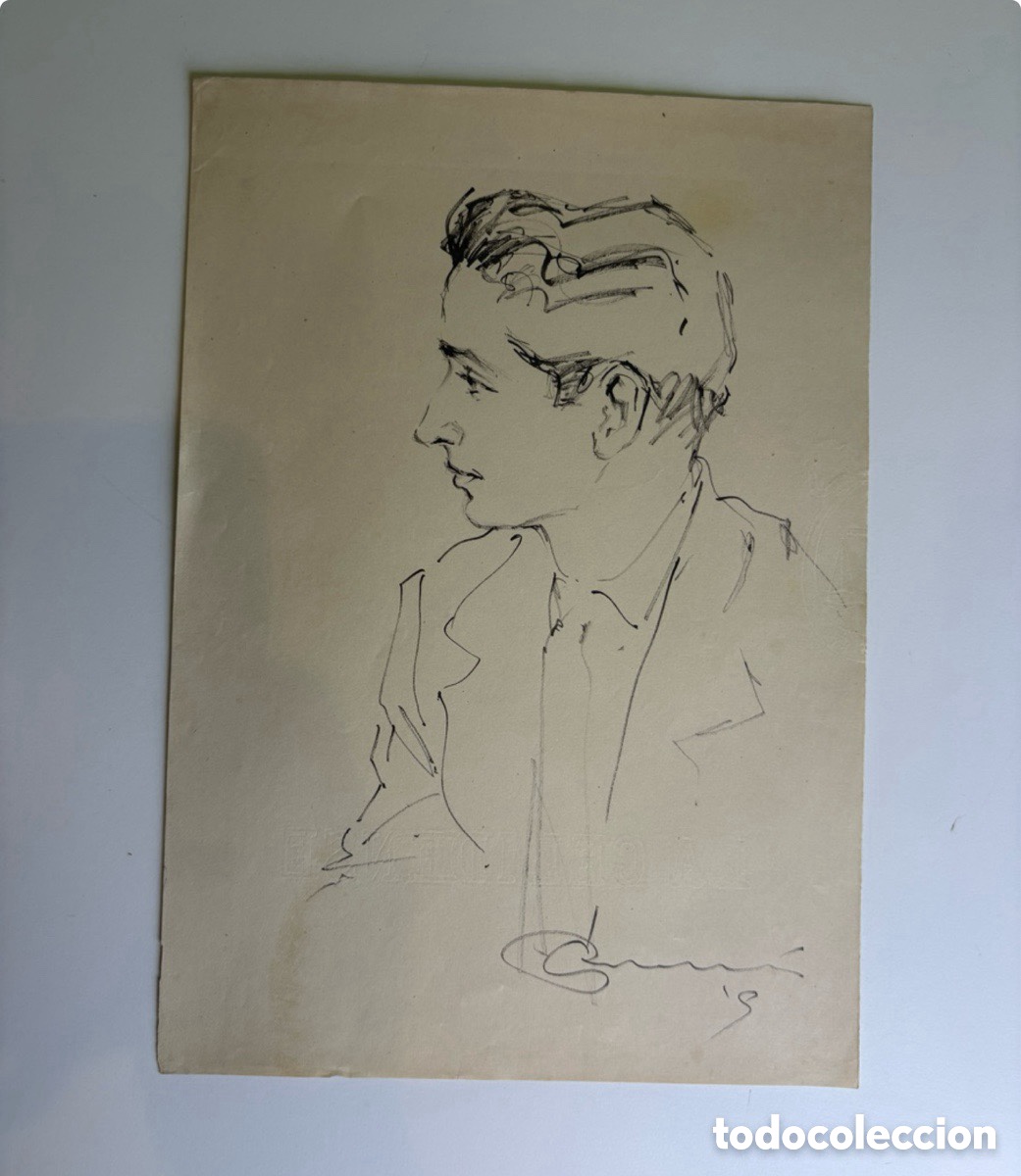Art: Carles Prun&eacute;s (1937-2017) dibujo original retrato masculino de perfil firmado y fechado 1953