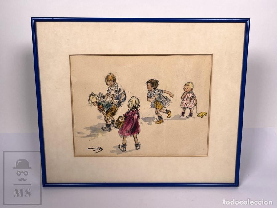 Arte: Dibujo Original - Mariona Lluch 46 - Ni&ntilde;os Jugando - 32 x 26,5 cm Marco