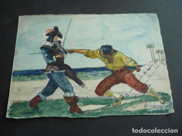 Art: ESPADACHINES CABALLERO Y PIRATA EN DUELO DIBUJO A BOLI Y ACUARELA ORIGINAL SIGLO XX 17 X 24 CM