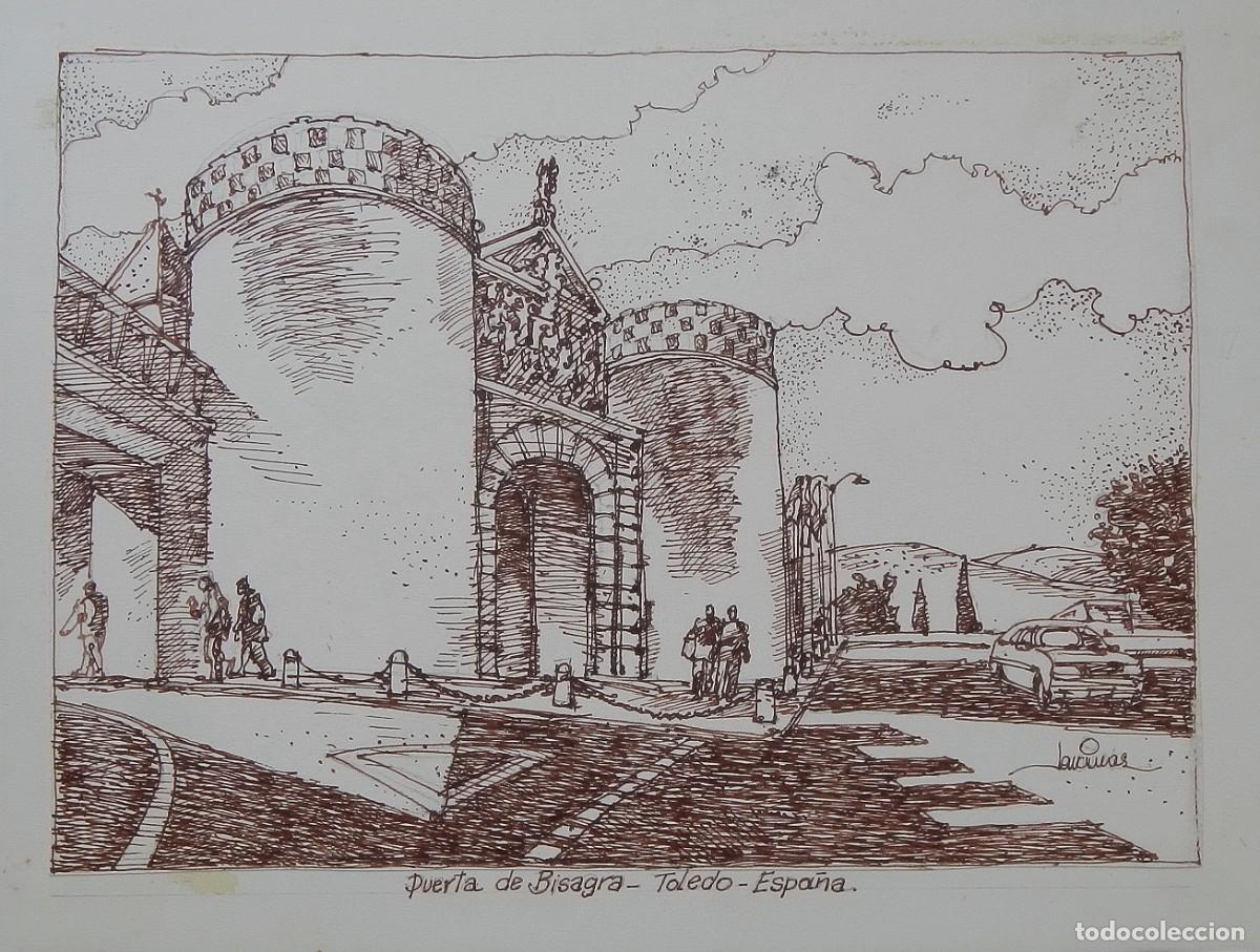 Arte: Carlos Enrique Lencinas G&oacute;mez. Tinta sobre papel. &rdquo;Puerta de Bisagra. Toledo&rdquo;. Firmada a mano.