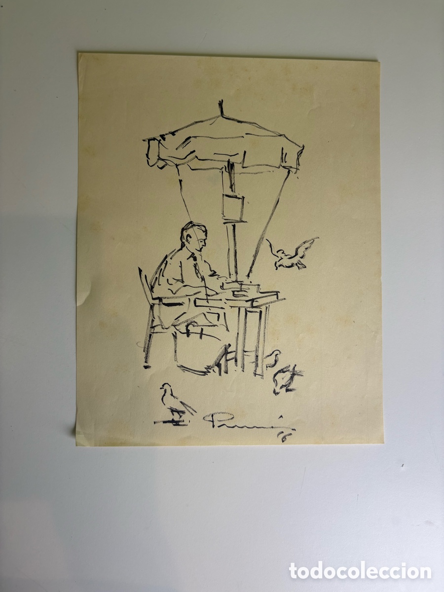Kunst: Carles Prun&eacute;s (1937-2017) Dibujo Original Firmado 1956 &ndash; Escena Urbana con Palomas