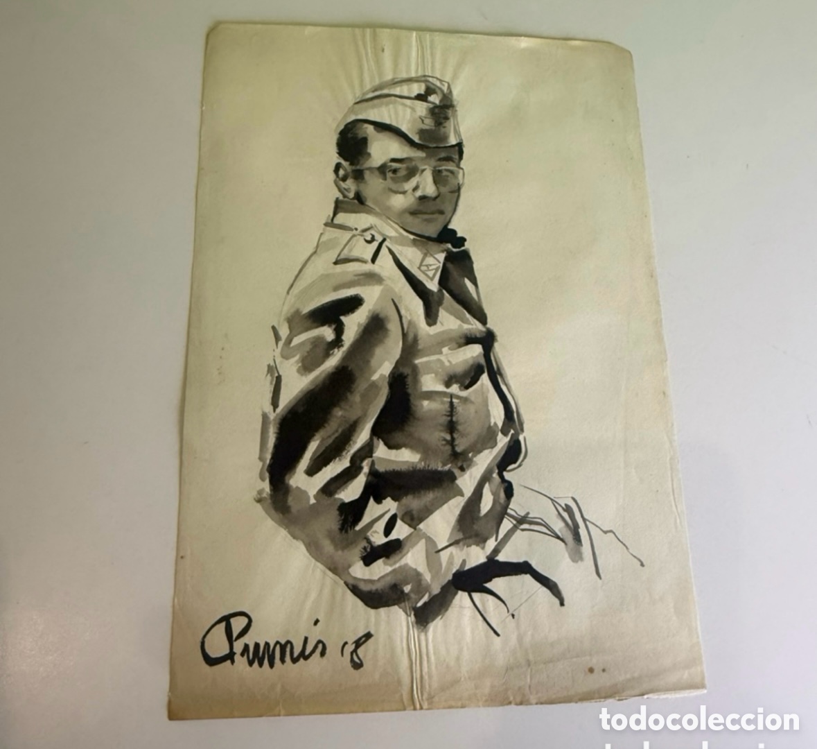 Kunst: Carles Prun&eacute;s (Barcelona, 1937-2017) - Dibujo original firmado. Autorretrato militar, 1958