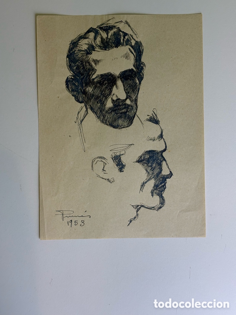 Kunst: Carles Prun&eacute;s (1937-2017) Dibujo Original Firmado y Fechado 1953 &ndash; Estudios de Retratos Masculinos