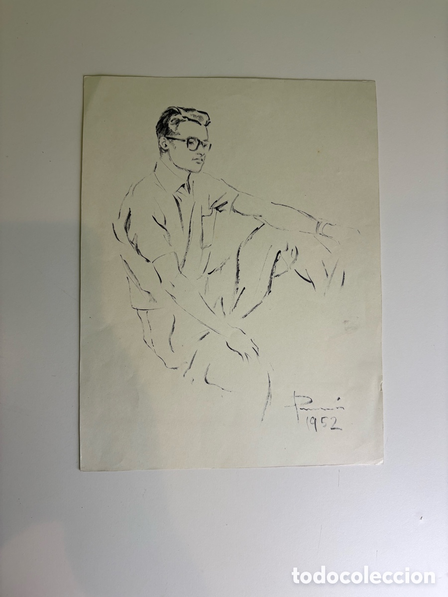 Kunst: Carles Prun&eacute;s (1937-2017) Dibujo Original Firmado y Fechado 1952 &ndash; Retrato Masculino con Gafas