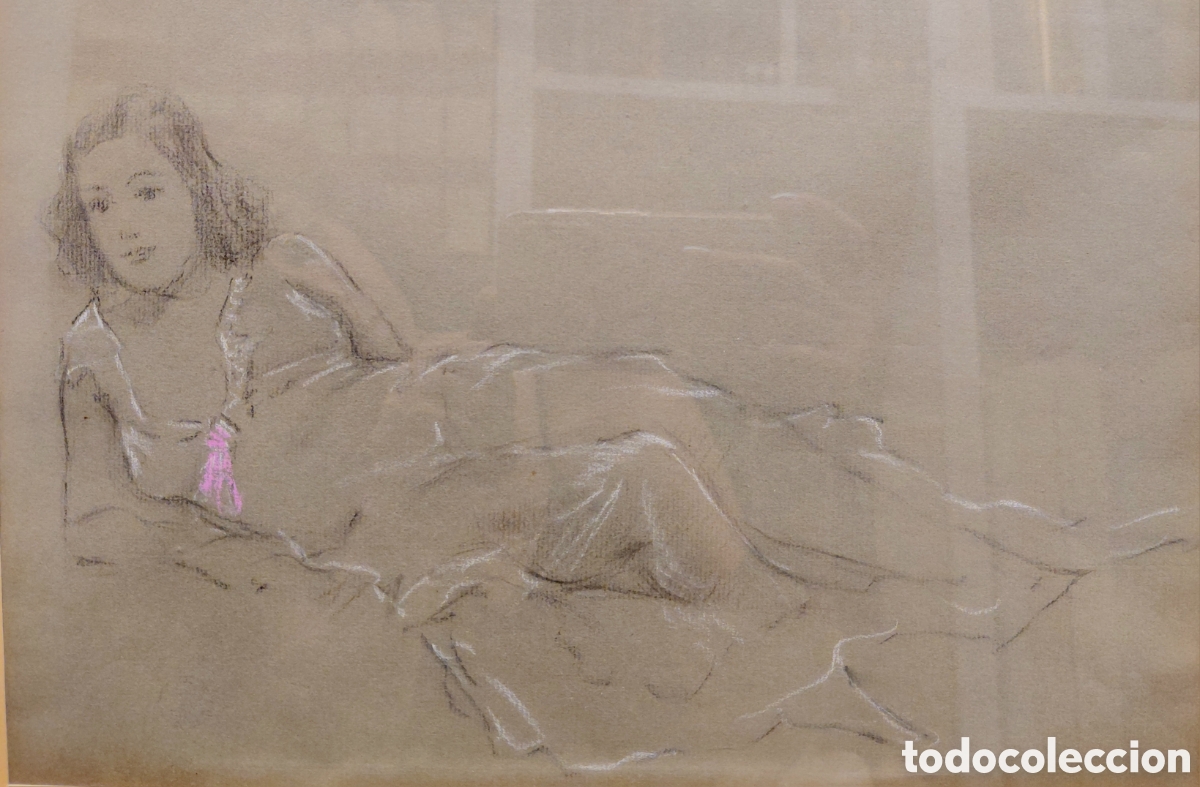 Kunst: Sin firma (s. XX). Mujer recostada, carbon sobre papel.