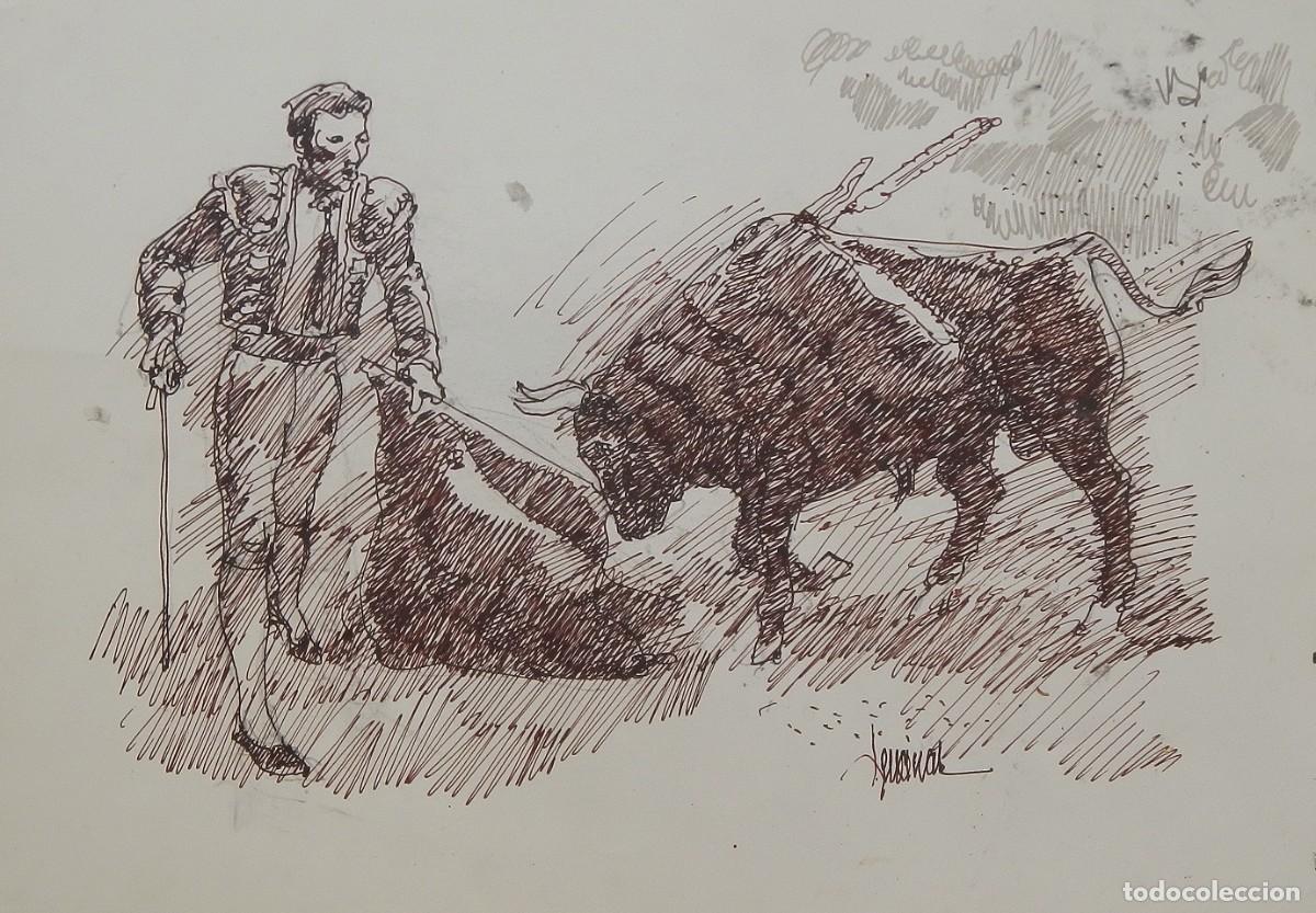 Arte: Carlos Enrique Lencinas G&oacute;mez. Tinta sobre papel. &rdquo;Torero con capote y toro&rdquo;. Firmado a mano.