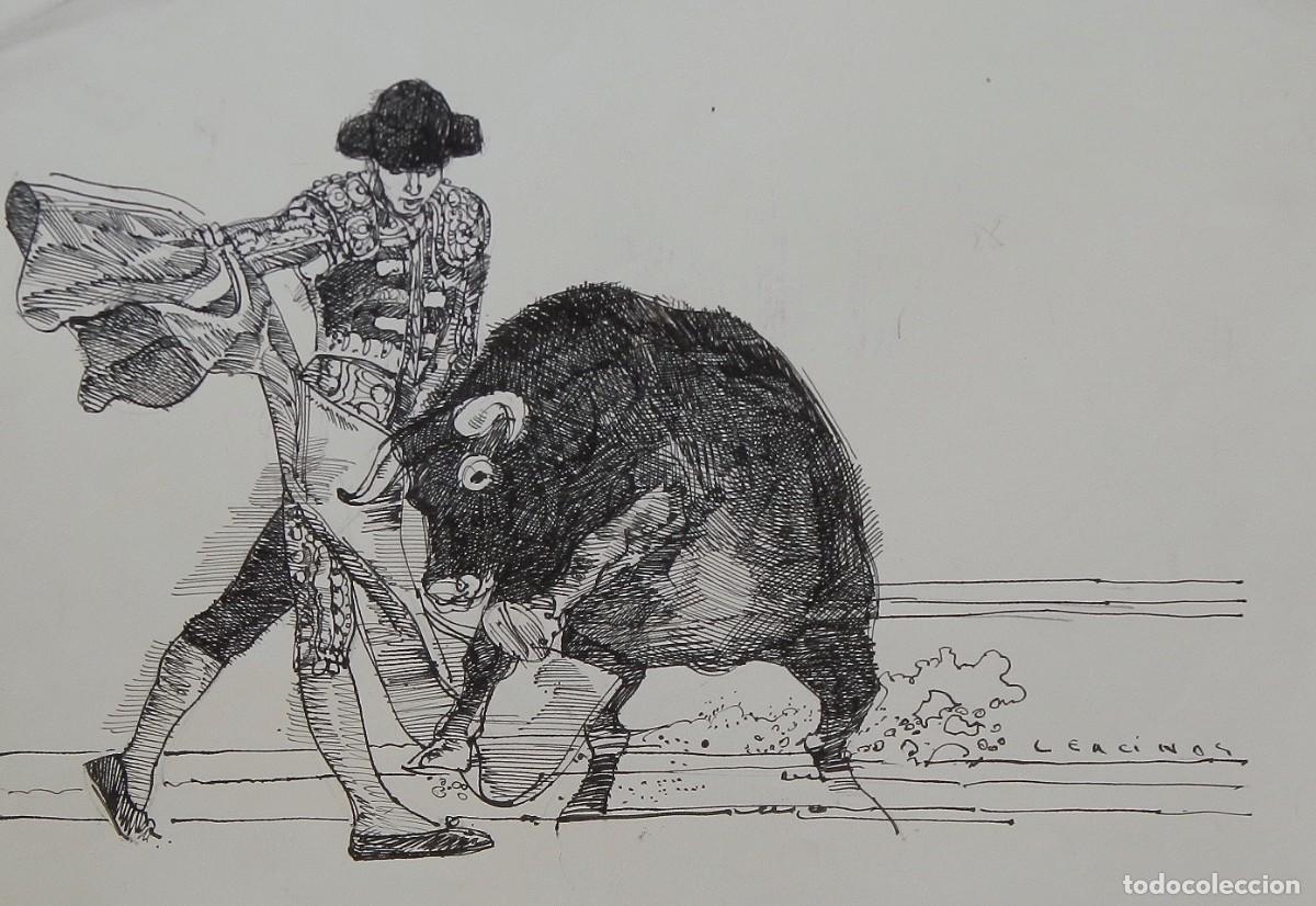 Arte: Carlos Enrique Lencinas G&oacute;mez. Tinta sobre papel. &rdquo;Torero con capote y toro&rdquo;. Firmado a mano.