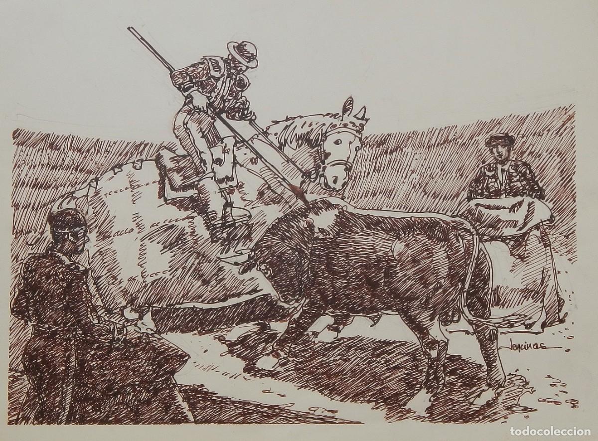 Arte: Carlos Enrique Lencinas G&oacute;mez. Tinta sobre papel. &rdquo;Picador o lanzero y toro&rdquo;. Firmado a mano.