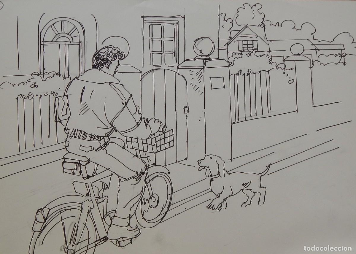 Arte: Carlos Enrique Lencinas G&oacute;mez. Tinta sobre papel. &rdquo;Hombre, motocicleta y perro&rdquo;. Sin firmar.