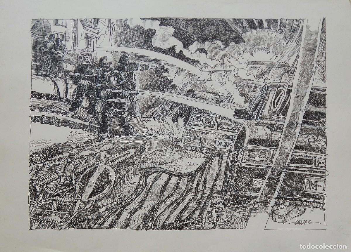 Arte: Carlos Enrique Lencinas G&oacute;mez. Tinta sobre papel. &rdquo;Bomberos apagando fuego coches&rdquo;. Firmado mano.