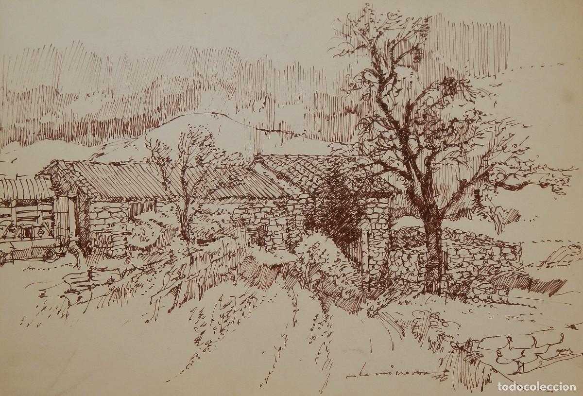 Arte: Carlos Enrique Lencinas G&oacute;mez. Tinta sobre papel. &rdquo;Casa rural y coche. 1976&rdquo;. Firmado a mano.