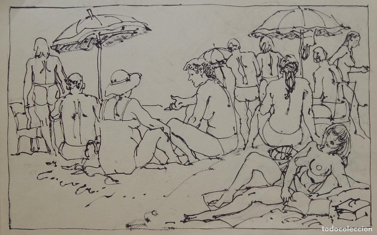 Arte: Carlos Enrique Lencinas G&oacute;mez. Tinta sobre papel. &rdquo;Gente en la playa con sombrillas&rdquo;. Sin firmar.