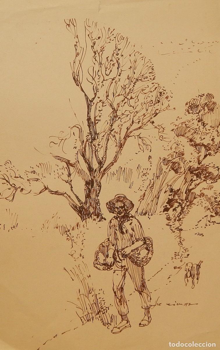 Arte: Carlos Enrique Lencinas G&oacute;mez. Tinta sobre papel. &rdquo;Granjero con cestos y perro&rdquo;. Firmado a mano.