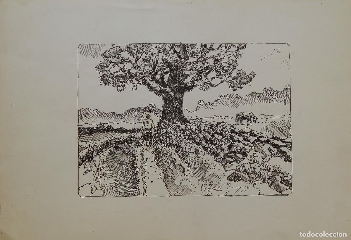 Arte: Carlos Enrique Lencinas G&oacute;mez. Tinta sobre papel. &rdquo;Campesino, &aacute;rbol y burro&rdquo;. Sin firmar.