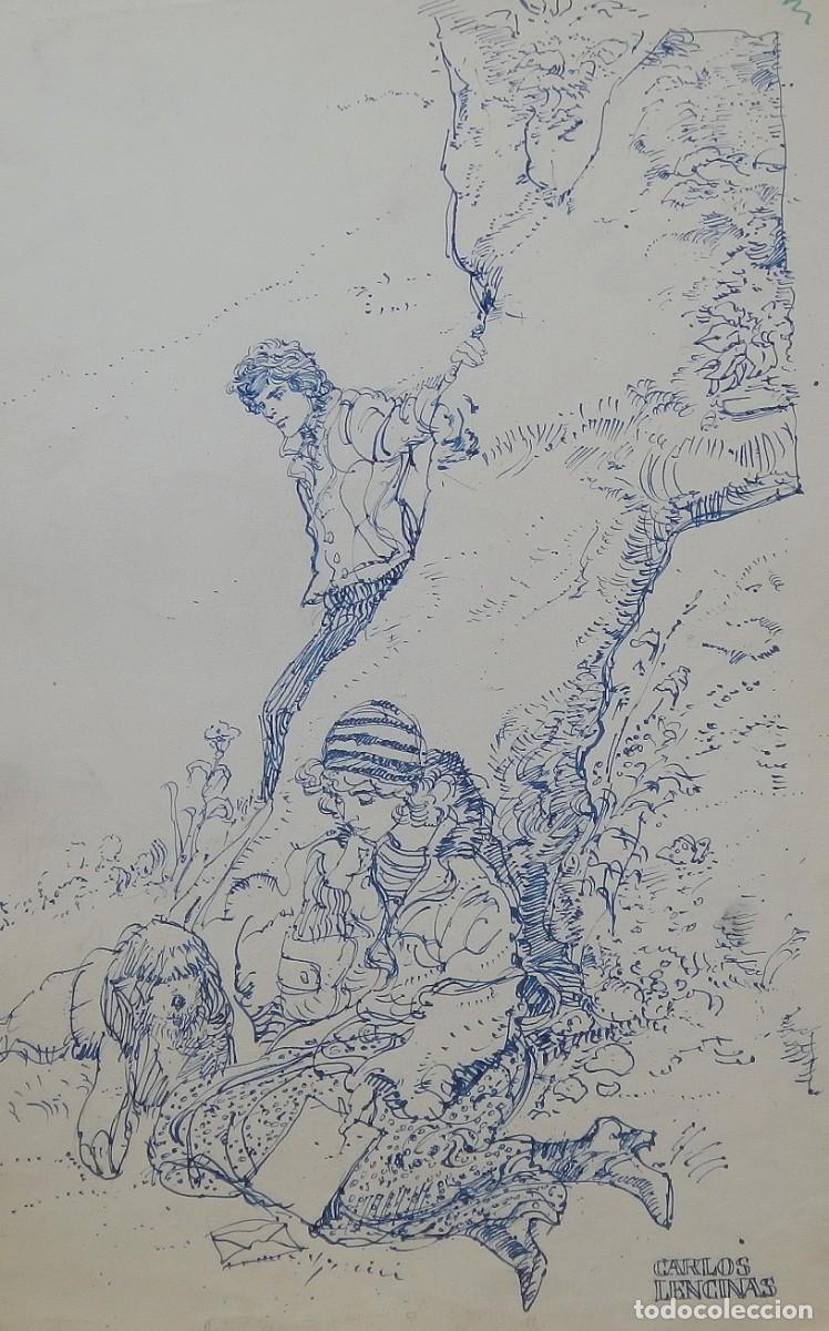 Arte: Carlos Enrique Lencinas G&oacute;mez. Tinta sobre papel. &rdquo;Enamorados, perro y &aacute;rbol&rdquo;. Firmado a mano.