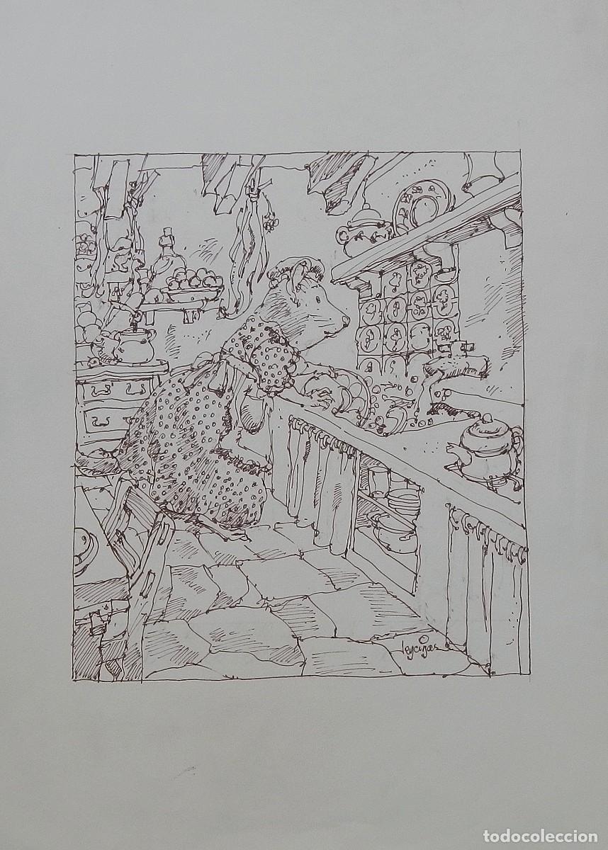 Arte: Carlos Enrique Lencinas G&oacute;mez. Tinta sobre papel. &rdquo;Rat&oacute;n lavando platos&rdquo;. Firmado a mano.