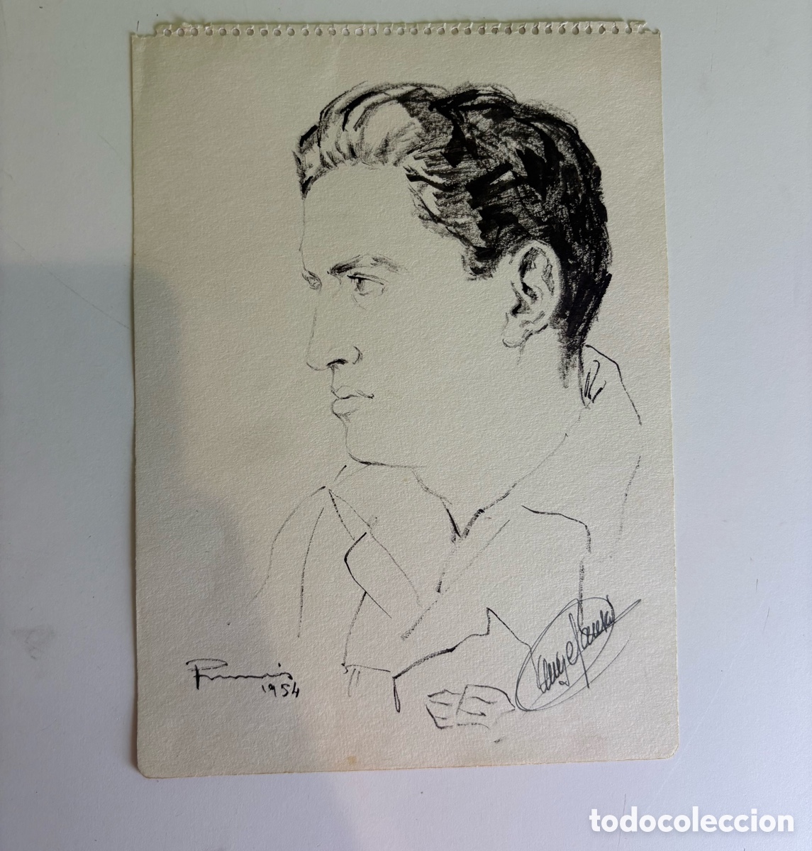 Kunst: Carles Prun&eacute;s (1937-2017) Dibujo Original Firmado 1954 &ndash; Retrato Masculino con Dedicatoria