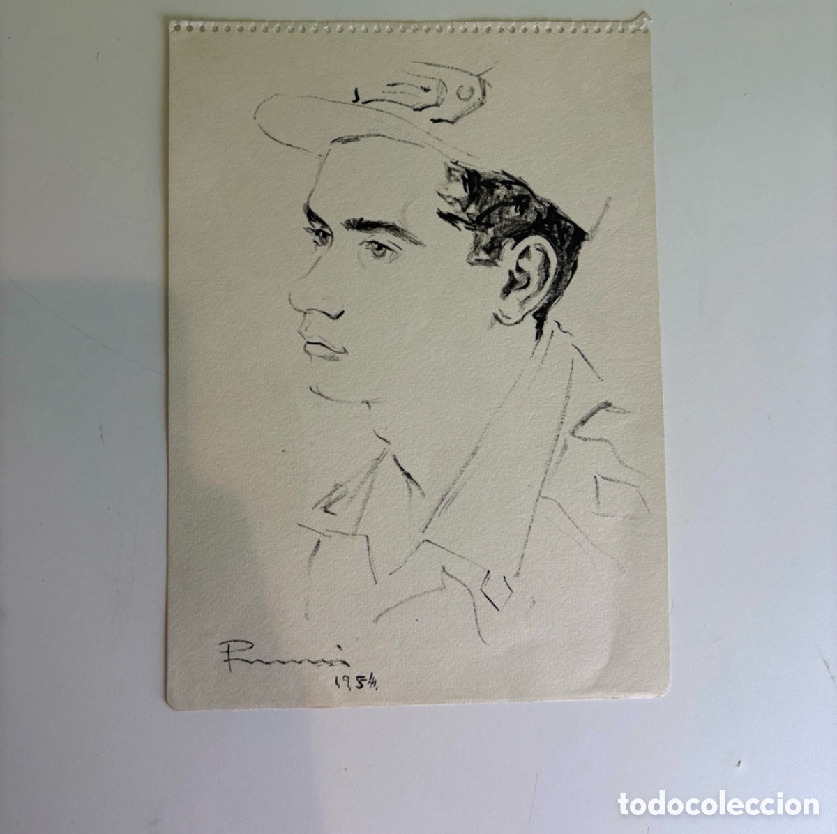 Kunst: Carles Prun&eacute;s (1937-2017) Dibujo Original Firmado 1954 &ndash; Retrato de Joven con Gorra
