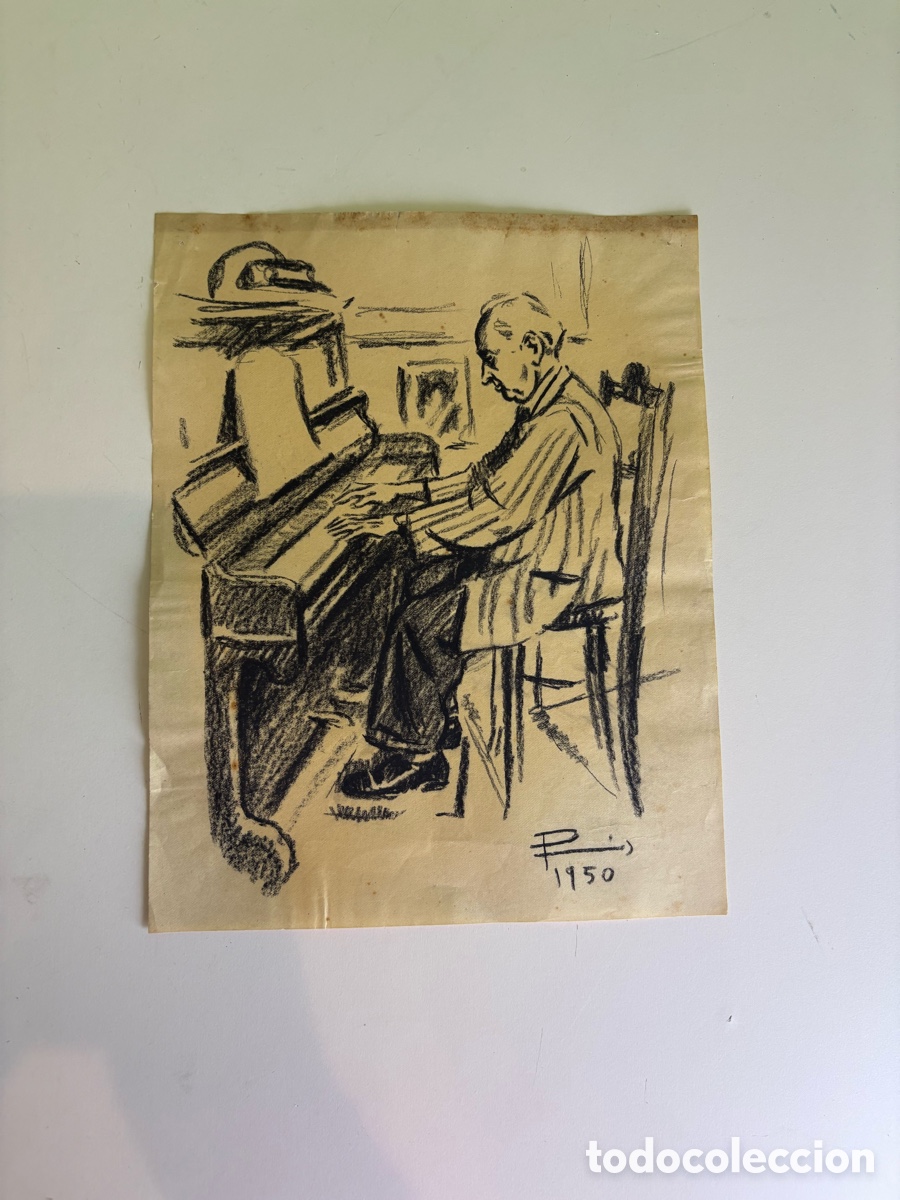 Kunst: Carles Prun&eacute;s (1937-2017) Dibujo Original Firmado 1950 &ndash; Pianista al Piano