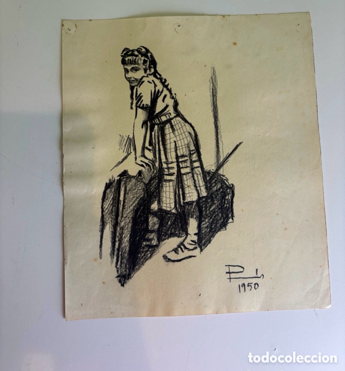 Arte: Carles Prun&eacute;s (1937-2017) Dibujo Original Firmado 1950 &ndash; Ni&ntilde;a Sentada