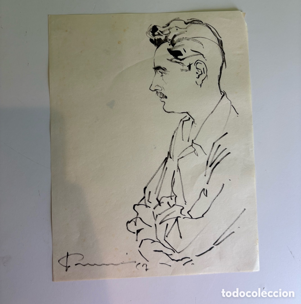 Arte: Carles Prun&eacute;s (1937-2017) Dibujo Original Firmado 1957 &ndash; Retrato Masculino de Perfil