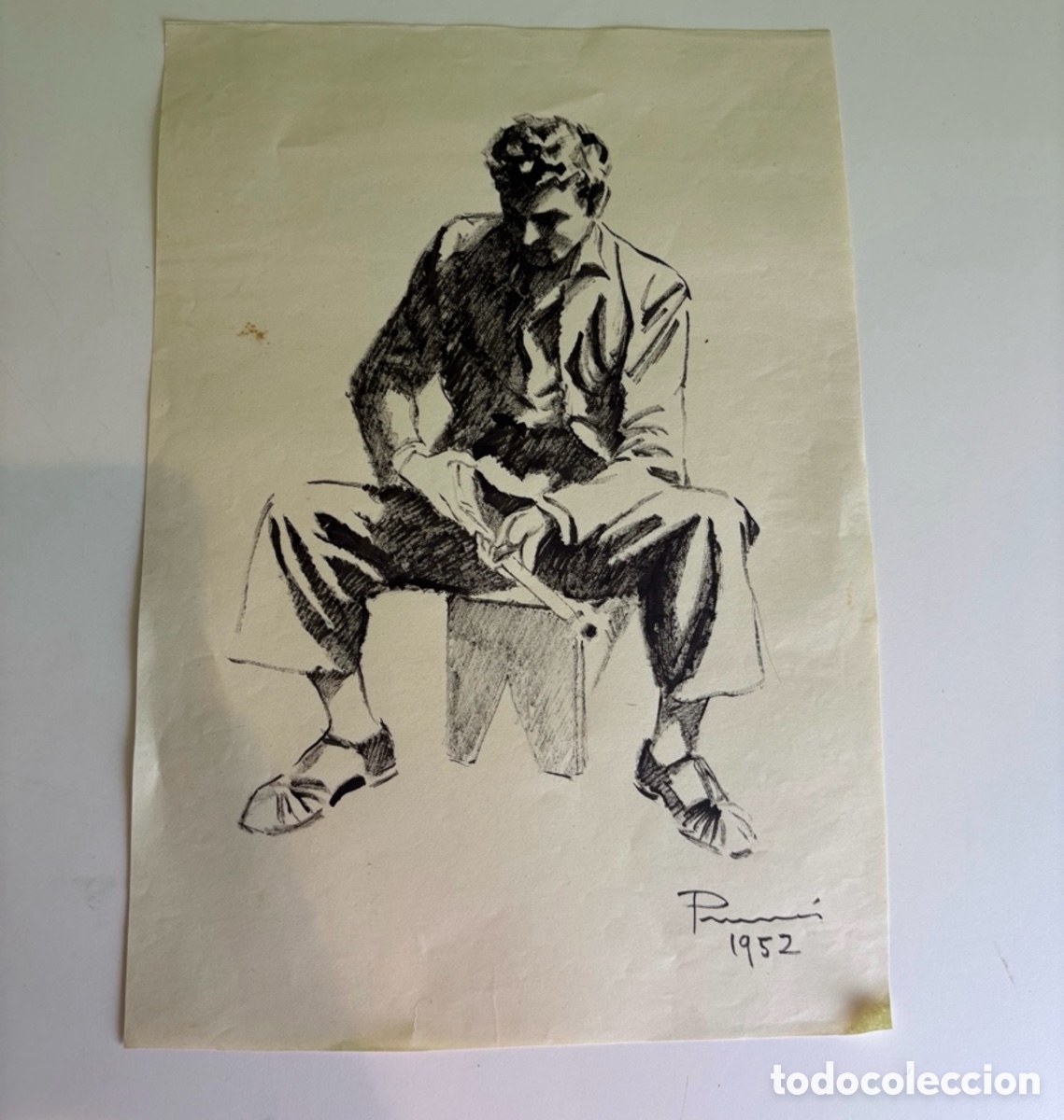 Arte: Carles Prun&eacute;s (1937-2017) Dibujo Original Firmado 1952 &ndash; Estudio de Figura Masculina Sentada