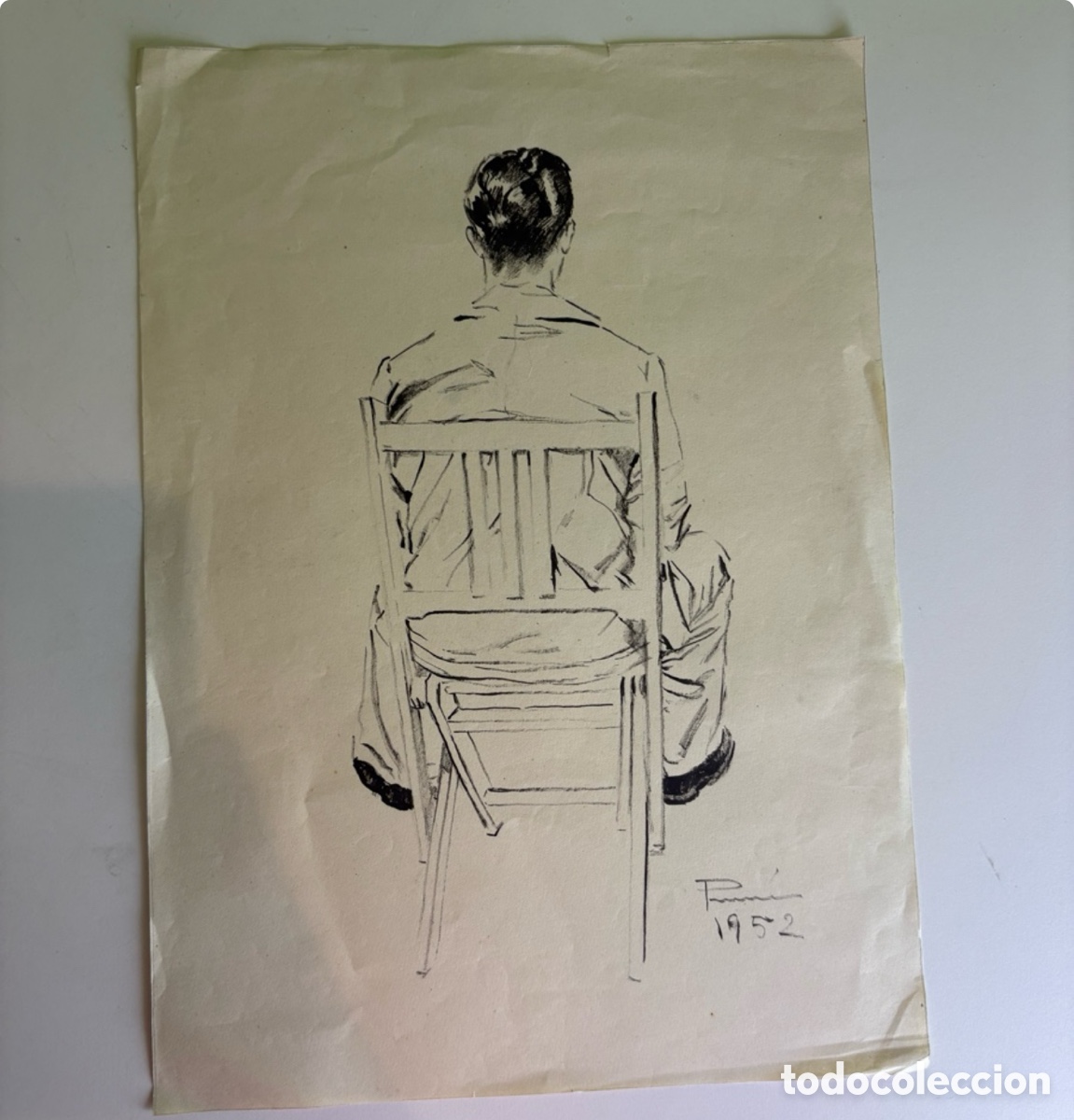 Arte: Carles Prun&eacute;s (1937-2017) Dibujo Original Firmado 1952 &ndash; Estudio de Espalda de Figura Sentada