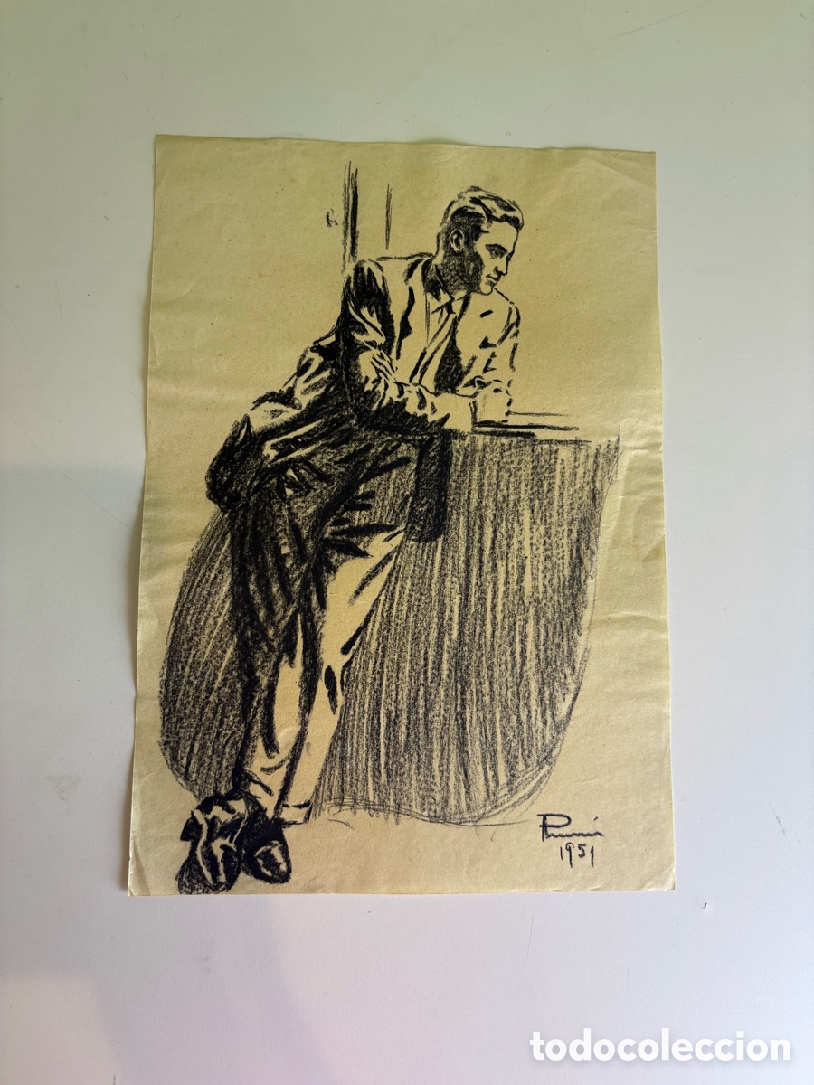 Arte: Carles Prun&eacute;s (1937-2017) Dibujo Original Firmado 1951 &ndash; Estudio de Figura Masculina Elegante