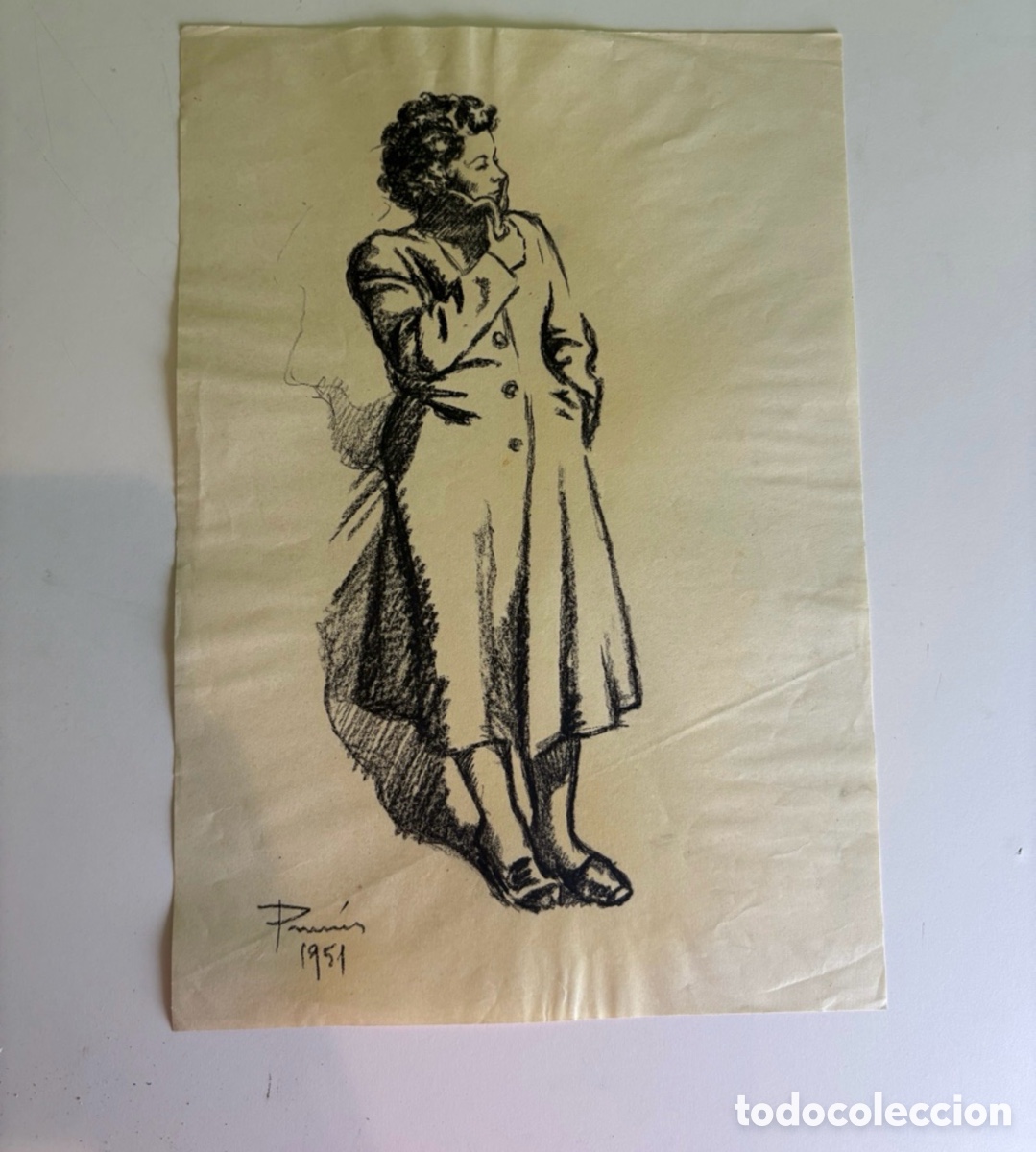 Arte: Carles Prun&eacute;s (1937-2017) Dibujo Original Firmado 1951 &ndash; Figura Femenina de Pie