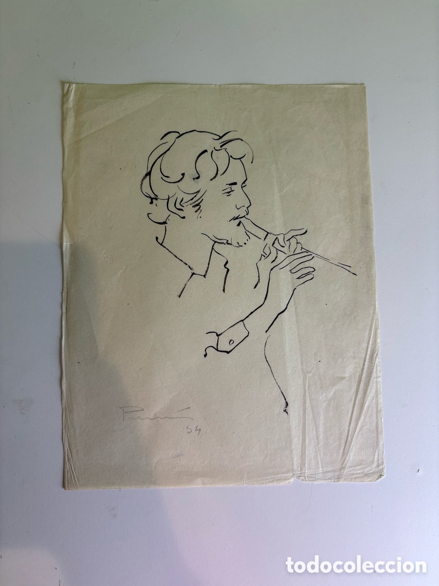 Arte: Carles Prun&eacute;s (1937-2017) Dibujo Original Firmado 1954 &ndash; M&uacute;sico Flautista