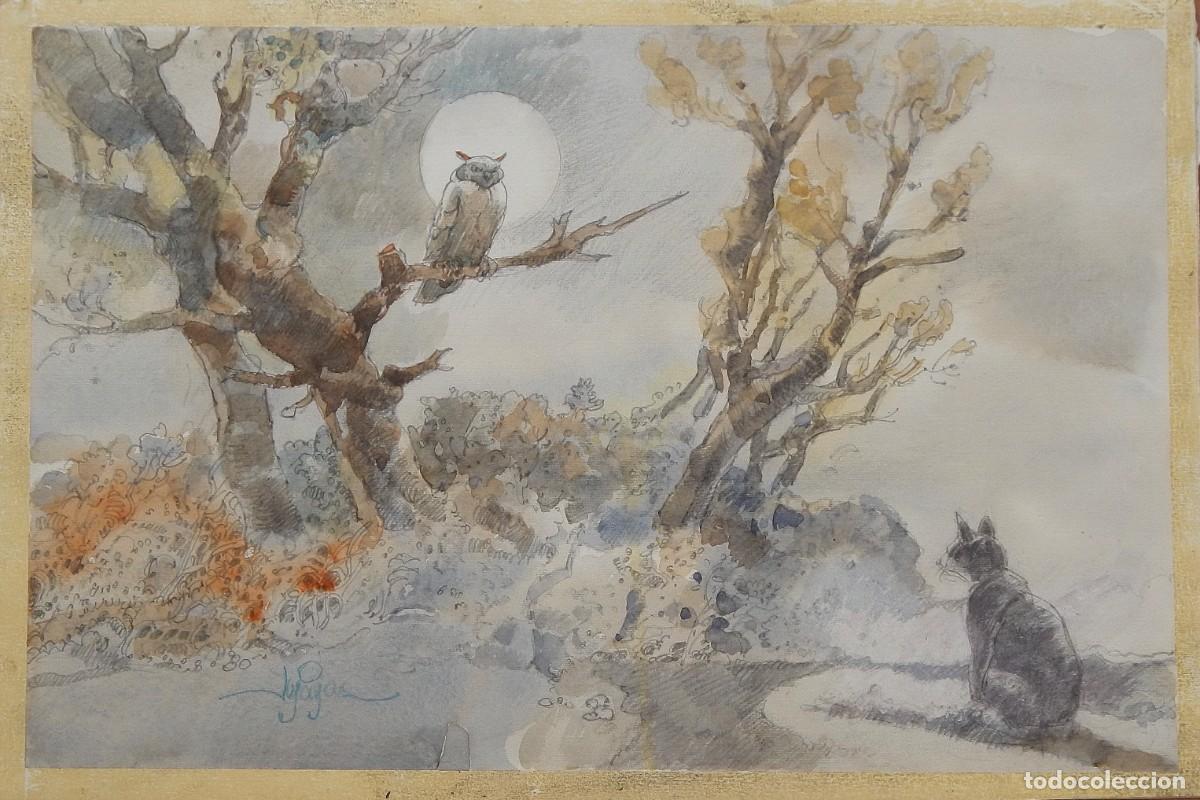 Arte: Carlos Enrique Lencinas G&oacute;mez. Tinta y acuarela sobre papel. &rdquo;B&uacute;ho, luna, &aacute;rboles y gato&rdquo;.