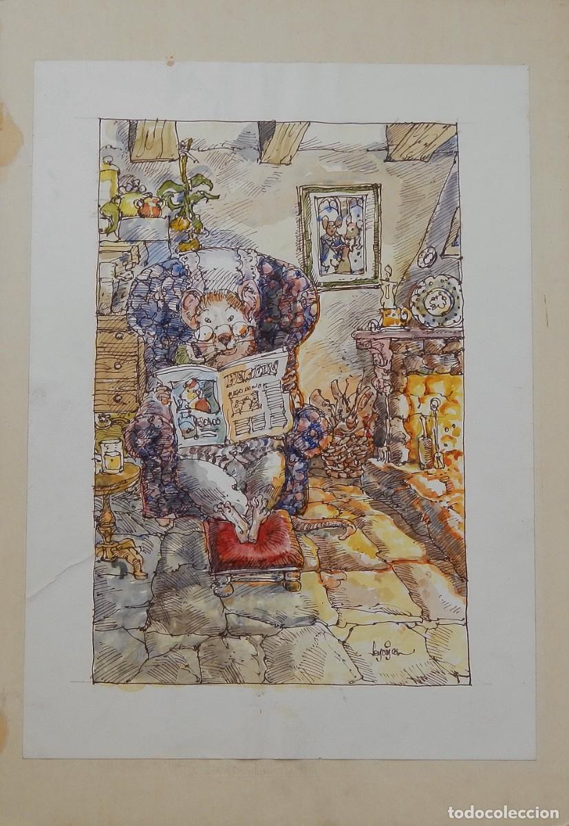 Arte: Carlos Enrique Lencinas G&oacute;mez. Tinta y acuarela sobre papel. &rdquo;Rat&oacute;n leyendo peri&oacute;dico en sof&aacute;&rdquo;.