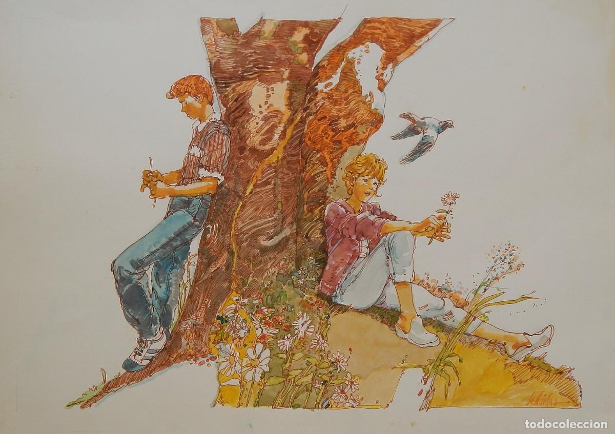 Arte: Carlos Enrique Lencinas G&oacute;mez. Tinta y acuarela sobre papel. &rdquo;Pareja enamorados, &aacute;rbol y paloma&rdquo;.