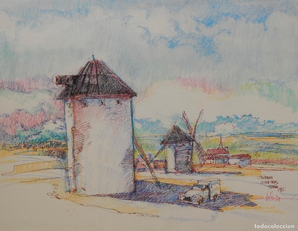 Arte: Carlos Enrique Lencinas G&oacute;mez. Tinta y l&aacute;piz color sobre papel. &rdquo;Criptana Ciudad Real. Molinos. 1989